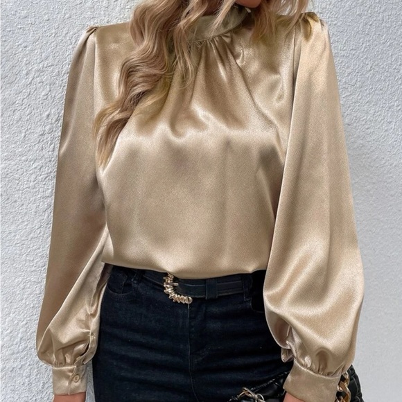 Luxe lantern sleeve mock neck satin blouse - Picture 5 of 11